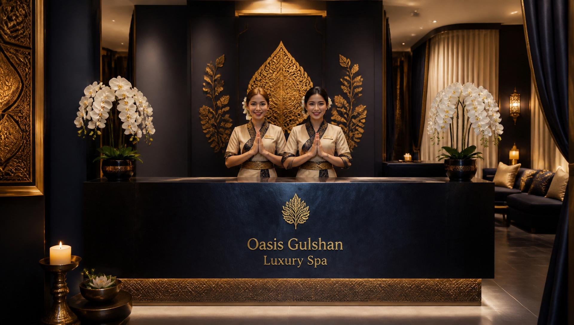 Luxury Thai spa reception at Oasis Gulshan with warm lighting and orchids